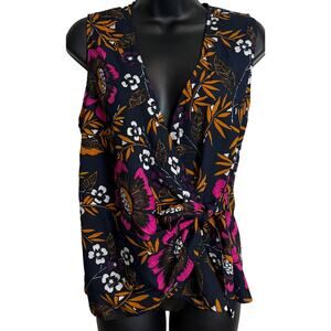 A New Day a.n.d by Andea Blouse Large Floral Sleeveless V-Neck Wrap Top Blue New